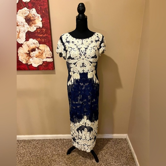 JS Collection Navy Blue /Ivory Soutache Lace Midi Dress, size 8 - Picture 2 of 9